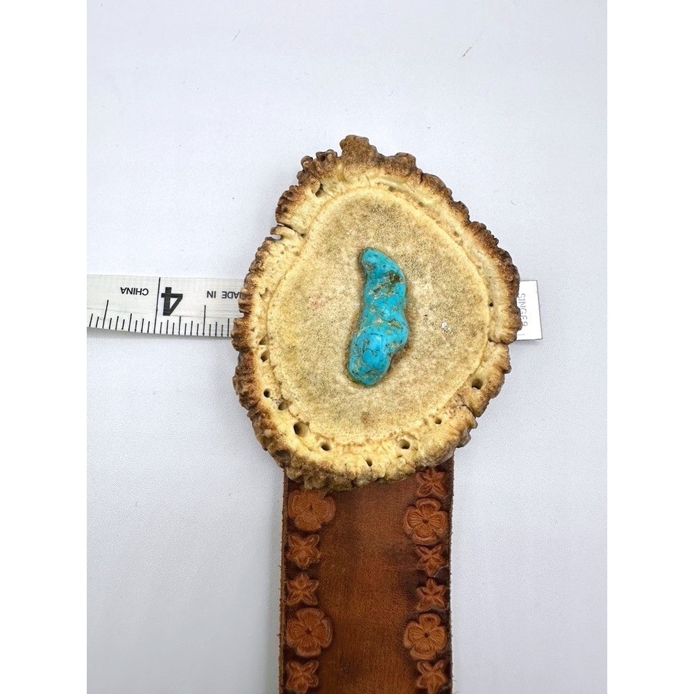 Vintage Tooled Leather Belt Antler Buckle Turquoise Inlay Western Brown Floral - Picture 6 of 8